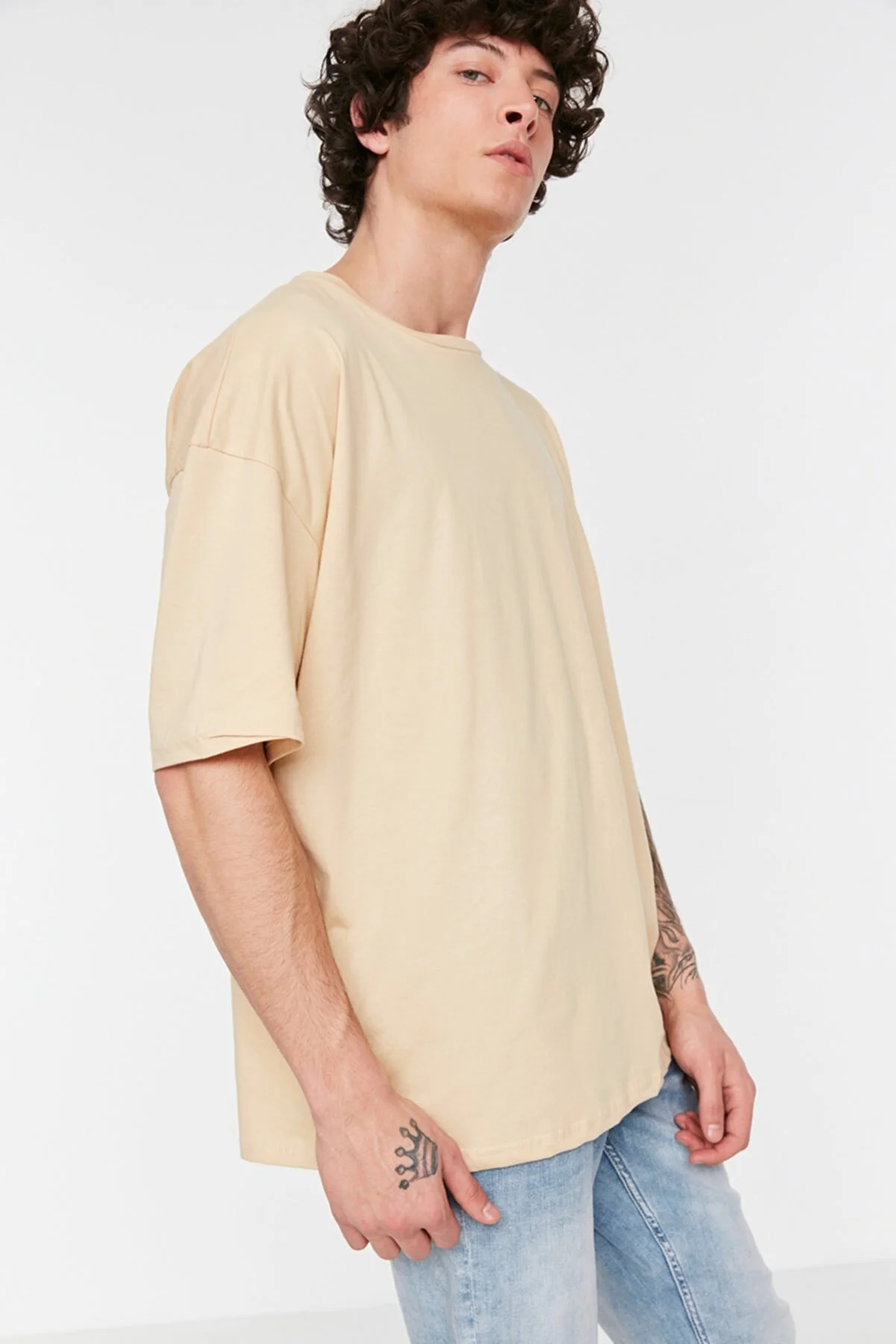 Bej Erkek Basic %100 Pamuklu Bisiklet Yaka Oversize Kısa Kollu T-Shirt